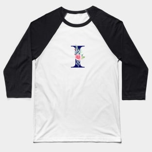 Watercolor Floral Letter I in Navy Baseball T-Shirt